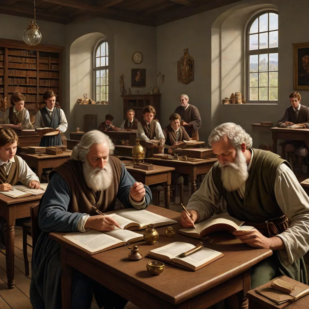 a painting of a man sitting at a desk with a book in front of him and a man standing at a desk with a book in front of him, Albert Anker, arts and crafts movement, a detailed matte painting, highly detailed digital painting