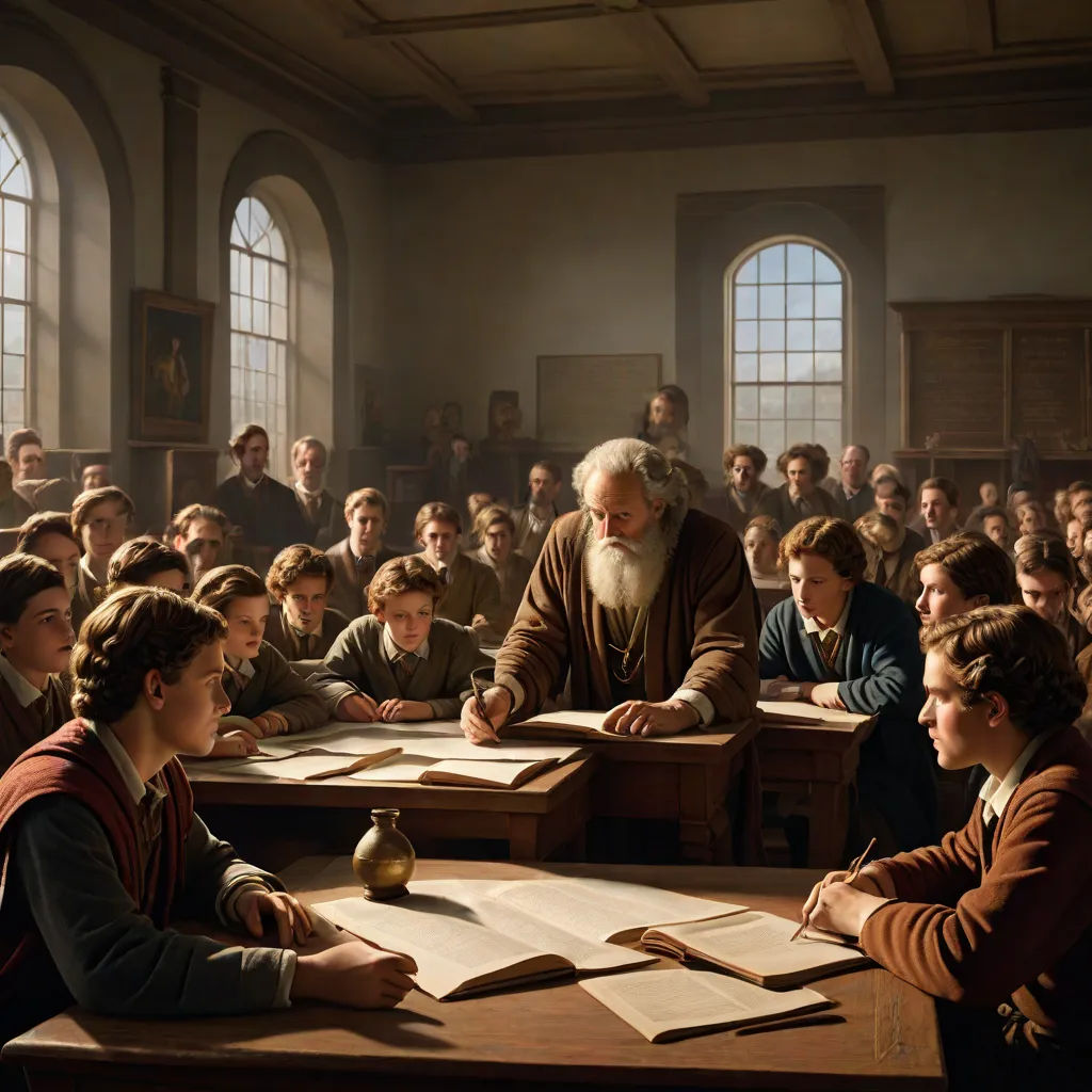 a group of people sitting at desks in a room with books and papers on them, with a man standing at the front of the room, Albert Anker, academic art, a painting, classical painting