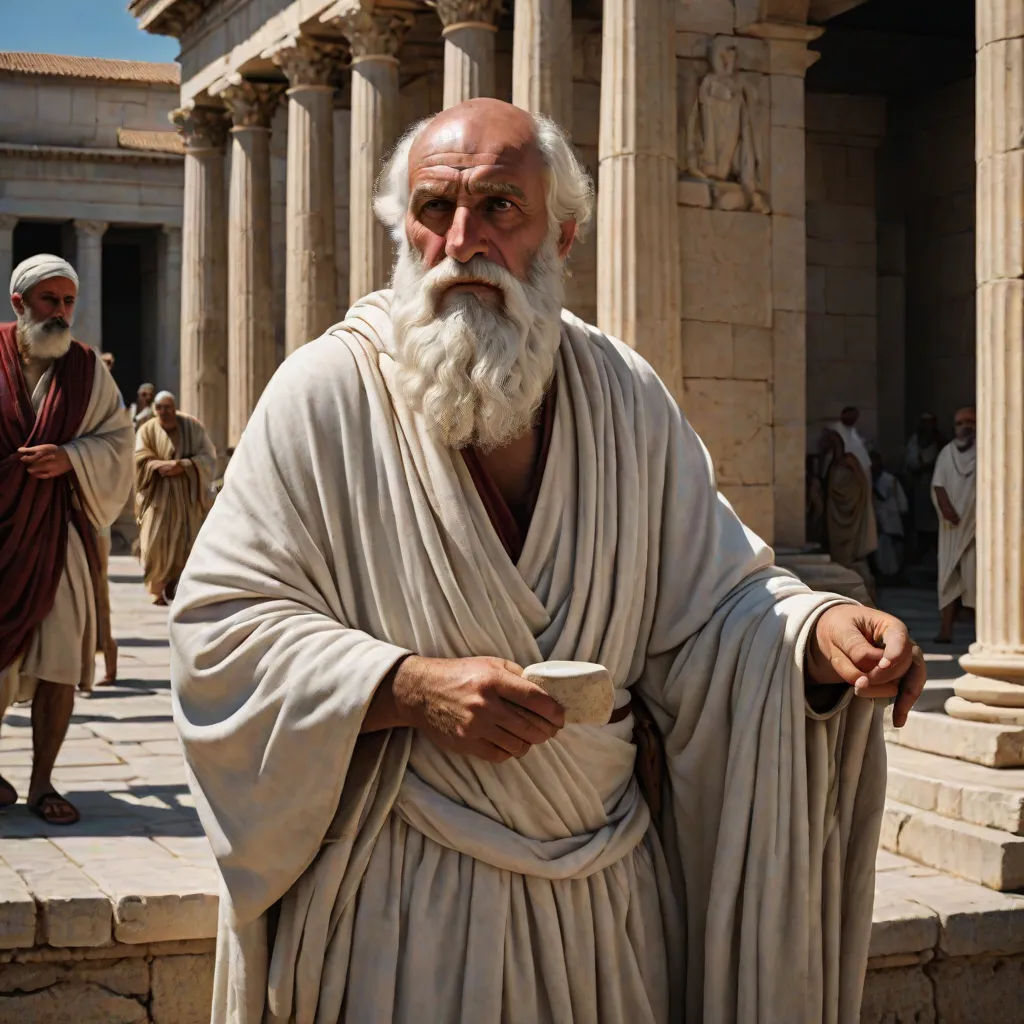 a man with a white beard and a white beard wearing a white robe and holding a cup in his hand, Dionisius, neoism, a detailed matte painting, movie still