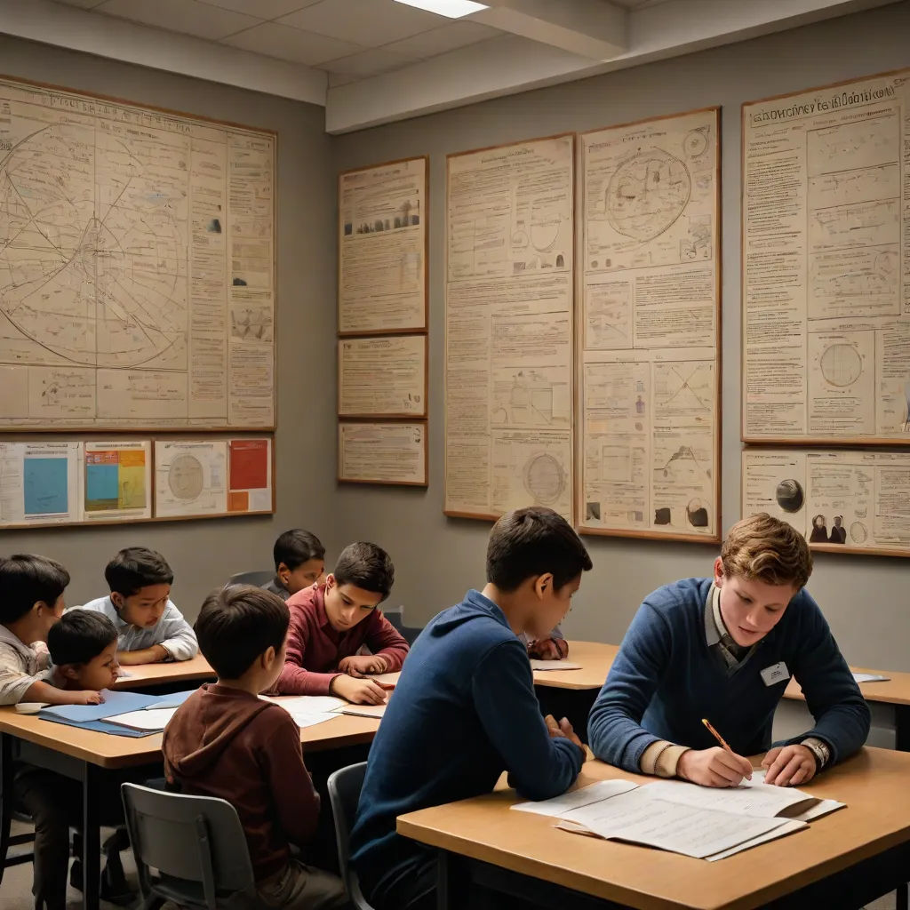 a group of students sitting at desks in a classroom with a map on the wall behind them and a man writing on a piece of paper, David Teniers III, barbizon school, a renaissance painting, vfx