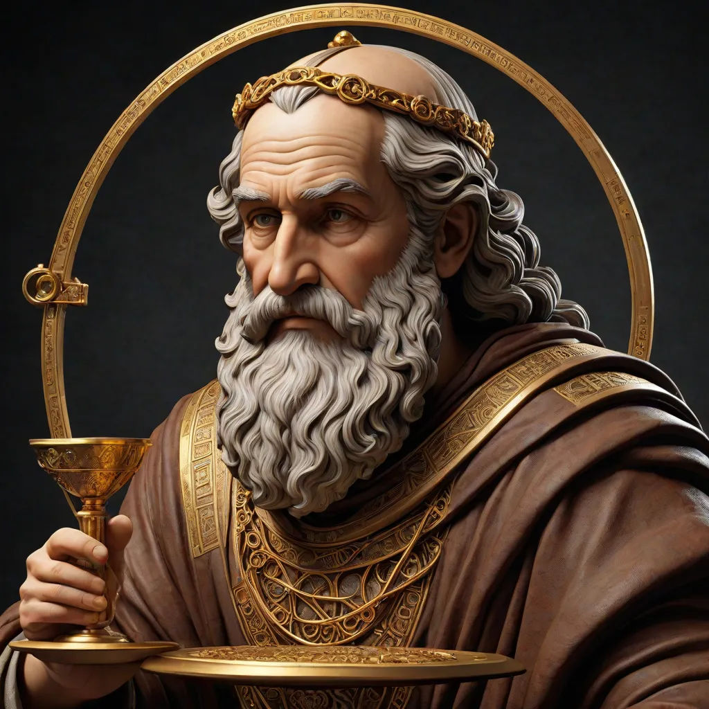a statue of a man with a beard holding a chalice and a cup in his hand with a gold ring around his neck, Edward Otho Cresap Ord, II, letterism, a raytraced image, highly detailed digital painting
