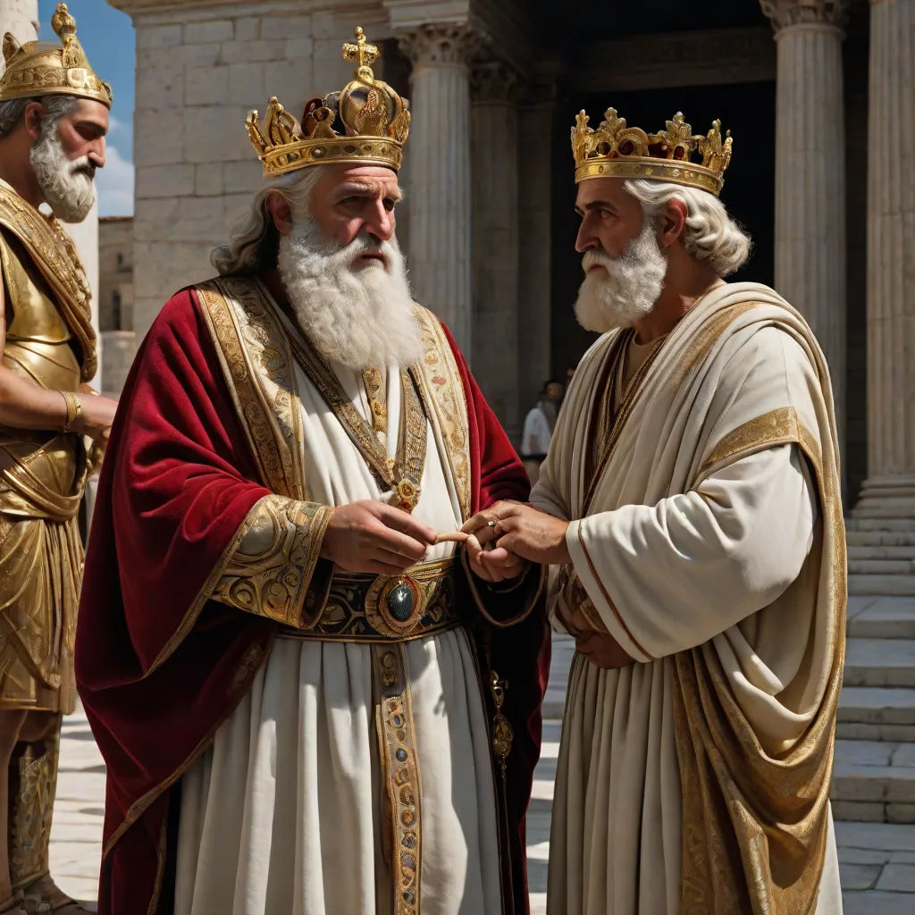 two men in roman costumes shaking hands with one another in front of a building with columns and columns on either side of them, De Hirsh Margules, incoherents, a digital rendering, crown