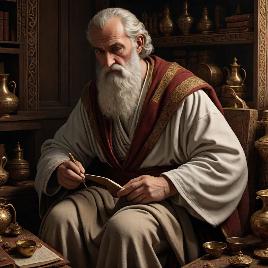 a painting of a man with a long white beard and a beard sitting in a room with many gold vases, Donato Giancola, photorealism, a detailed painting, highly detailed digital painting