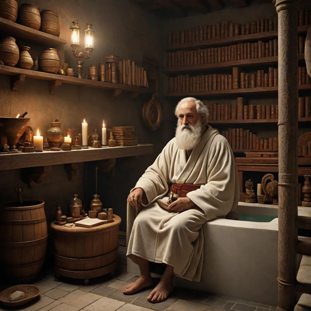 a man sitting in a bathtub surrounded by shelves of books and candles and a candle holder in the corner, Dionisius, computer art, computer graphics, highly detailed digital painting