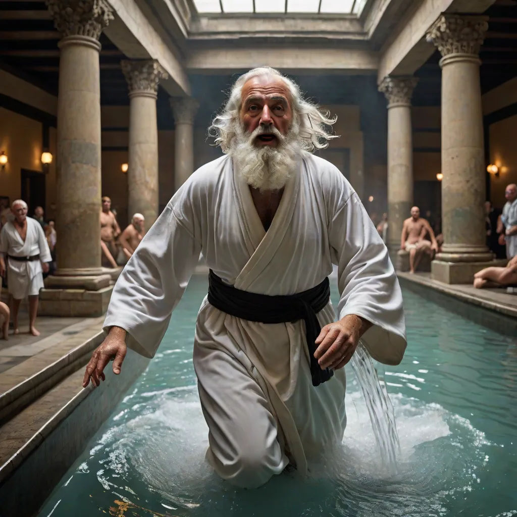 a man in a white robe is walking through a pool of water with people in the background and a skylight, Constantine Andreou, purism, a detailed matte painting, cinematic photography