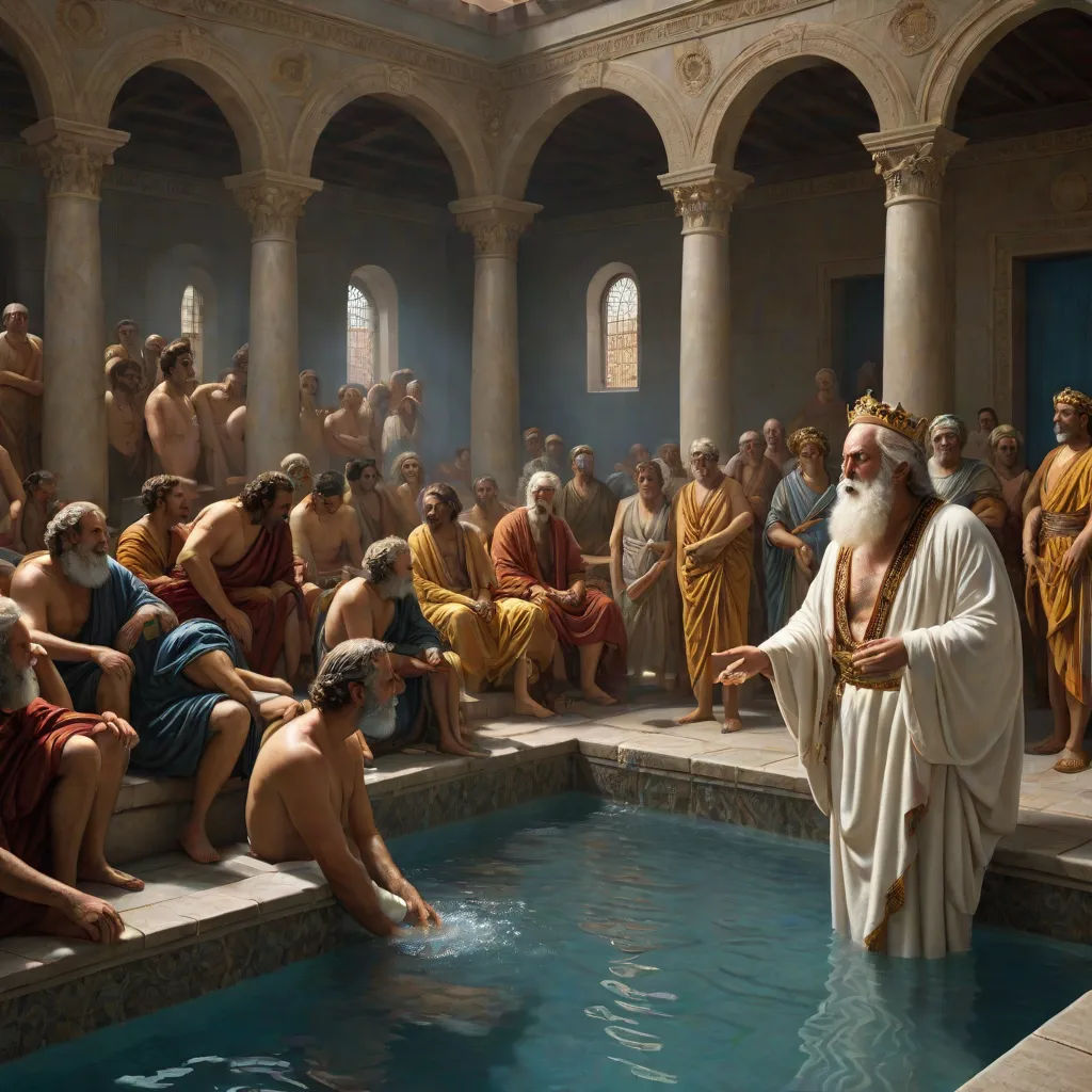 a painting of a man in a bath surrounded by men in robes and a crown, in a pool, Dionisius, classical realism, a detailed matte painting, renaissance oil painting