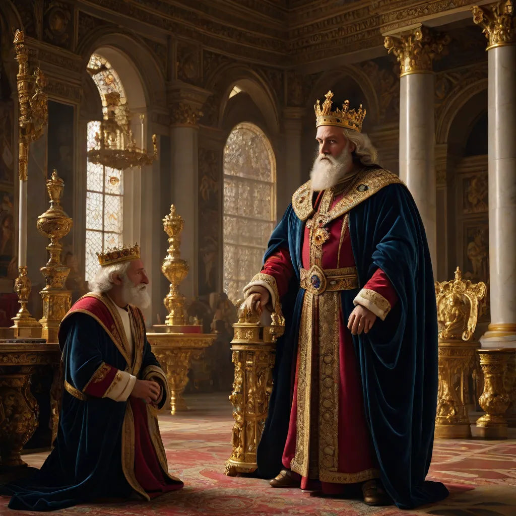 a man in a blue robe and a man in a red robe are standing in a room with gold pillars, Brothers Hildebrandt, classical realism, a detailed matte painting, highly detailed digital painting