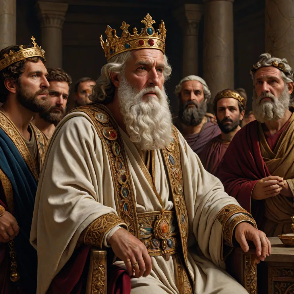 a group of men in ancient greek costumes and beards, with one man wearing a crown and the other wearing a robe, Dionisius, letterism, a photorealistic painting, highly detailed oil painting