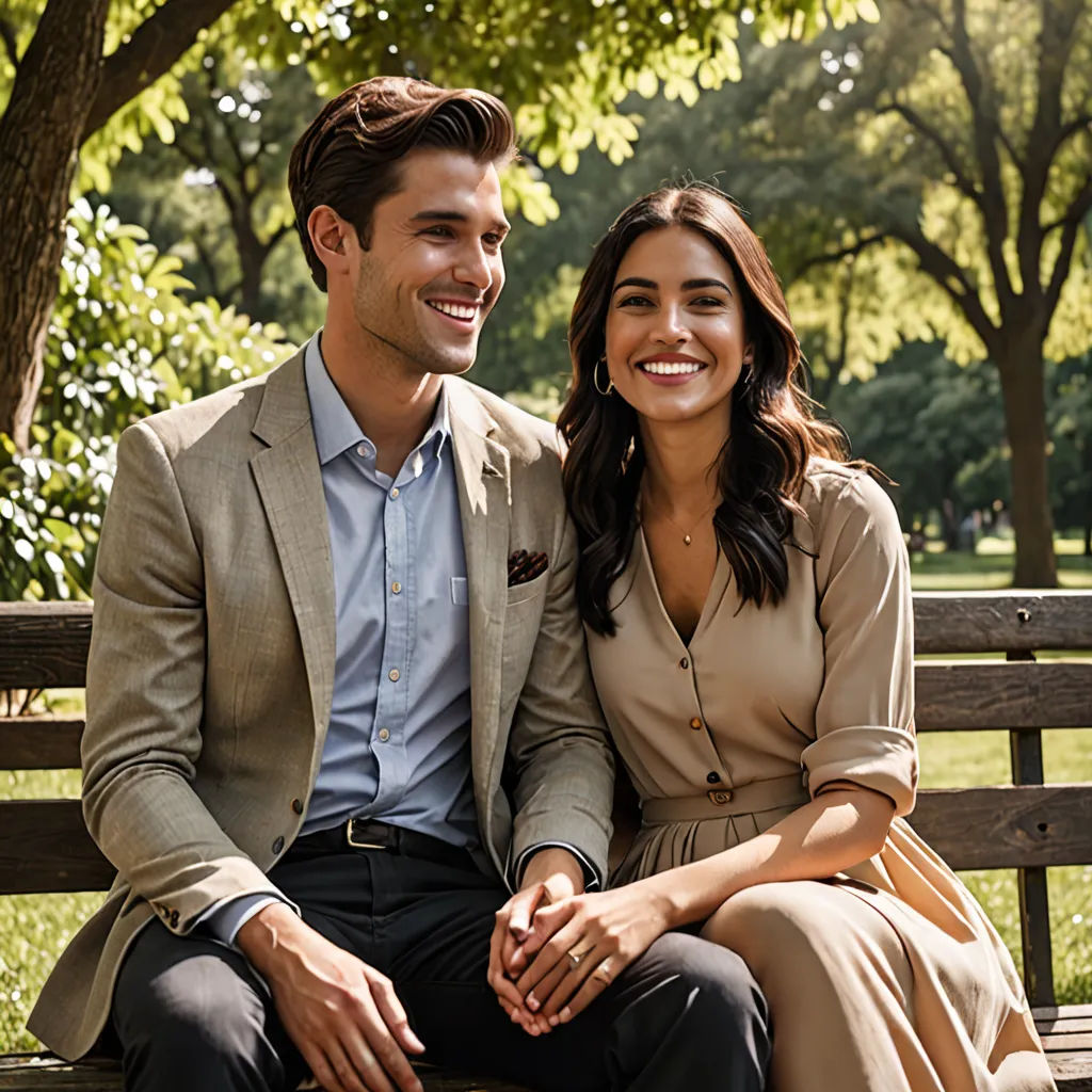a man and woman sitting on a bench in a park smiling at the camera and looking at the camera, private press, a stock photo, Christian Hilfgott Brand, promotional image