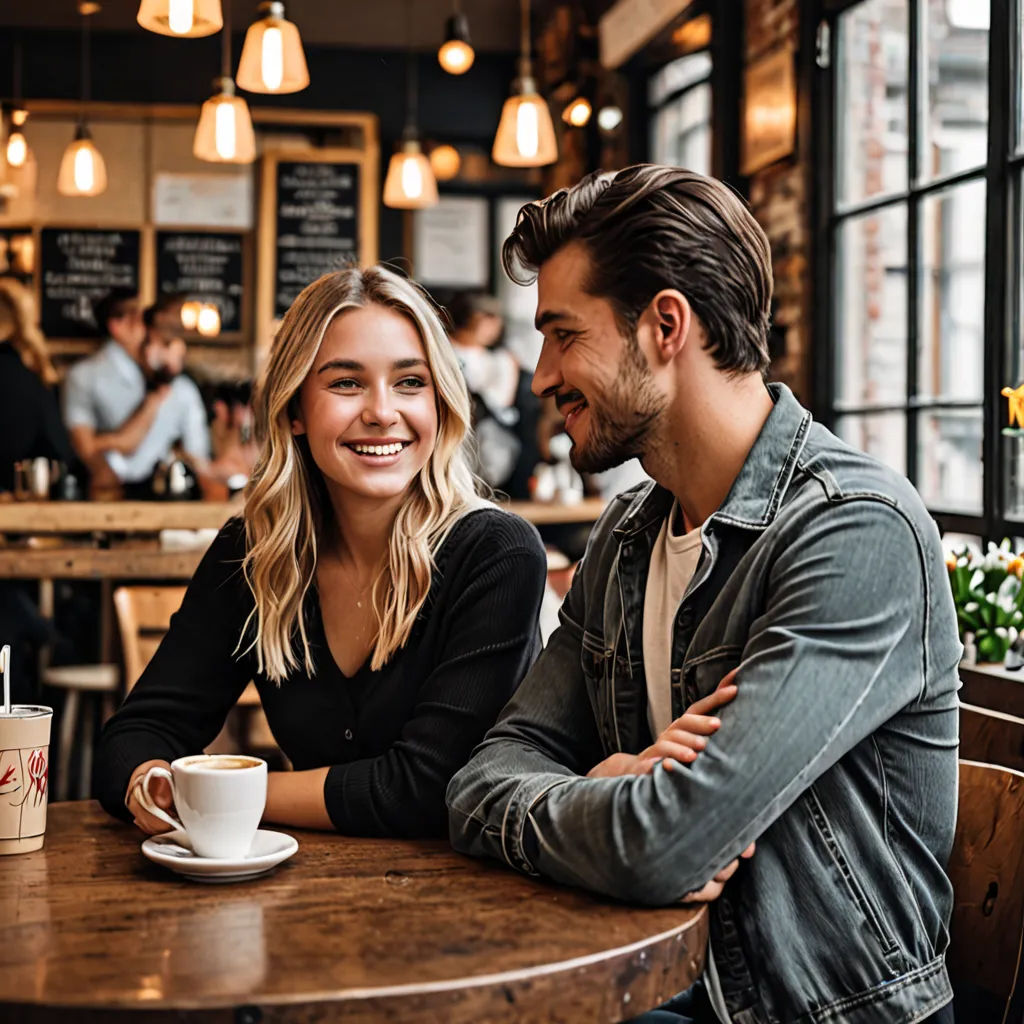 a man and a woman sitting at a table in a restaurant smiling at each other with a cup of coffee, barbizon school, a stock photo, Claire Dalby, portrait photography