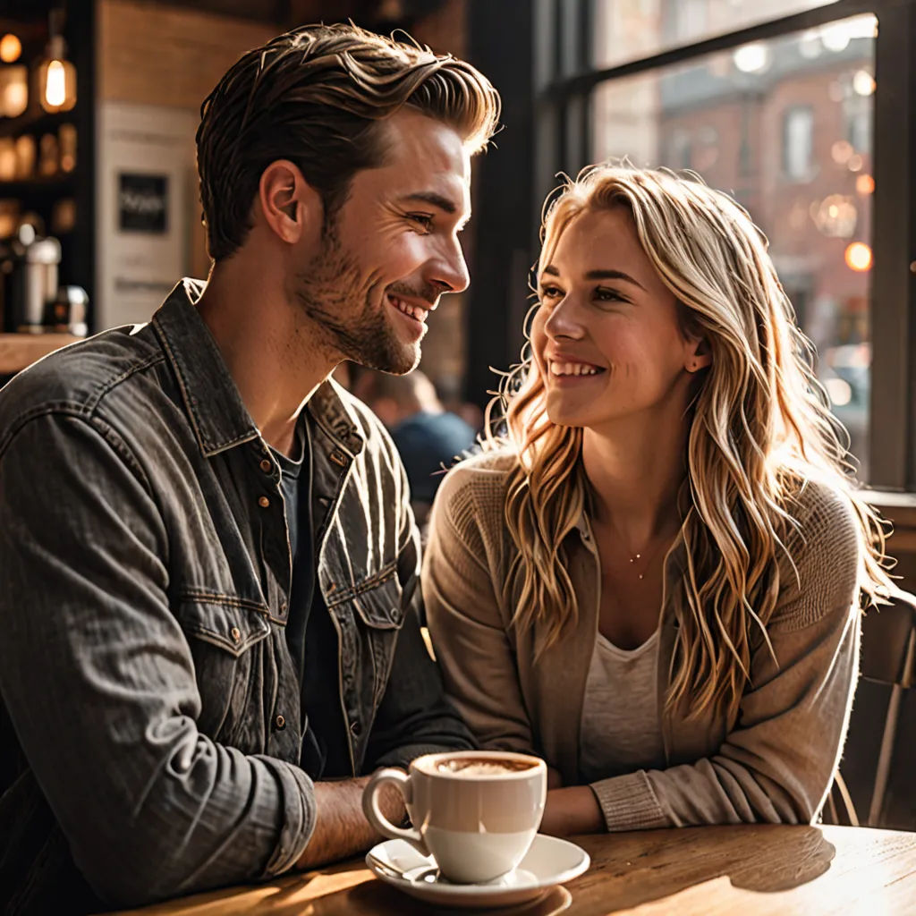 a man and a woman sitting at a table with a cup of coffee in front of them smiling at each other, incoherents, a stock photo, Chris Spollen, portrait photography