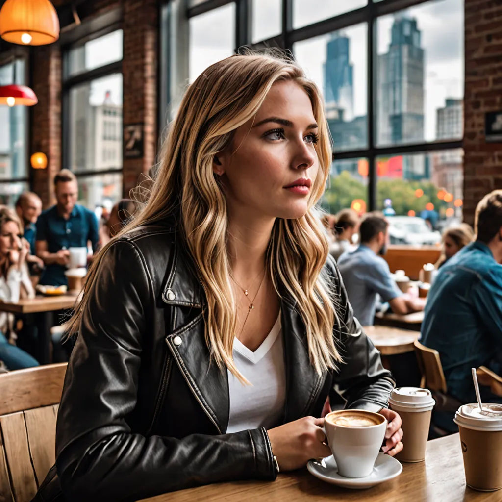 a woman sitting at a table with a cup of coffee in front of her and people sitting at tables in the background, private press, a stock photo, Anna Katharina Block, promotional image