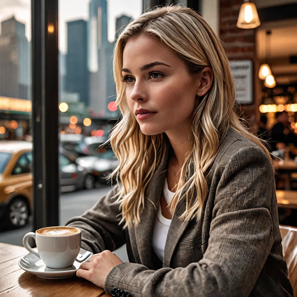 a woman sitting at a table with a cup of coffee in front of her and a city view behind her, private press, a stock photo, Anna Katharina Block, promotional image