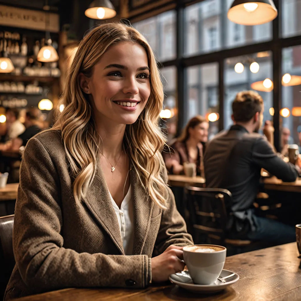 a woman sitting at a table with a cup of coffee in front of her smiling at the camera with people sitting at the tables behind her, barbizon school, a stock photo, Anna Katharina Block, canon eos r 3