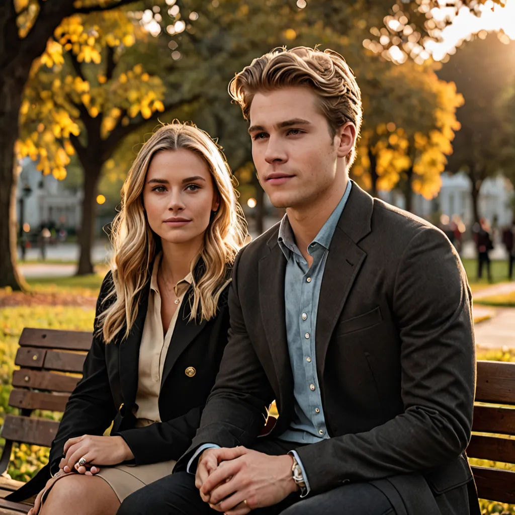 a man and a woman sitting on a bench in a park together, looking at the camera, with trees in the background, private press, a poster, Cedric Seaut (Keos Masons), promotional image