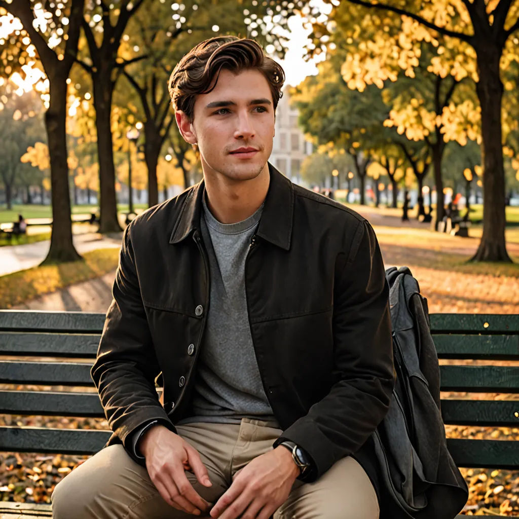 a man sitting on a bench in a park with trees in the background and leaves on the ground and a building in the background, barbizon school, a character portrait, Alexander Kucharsky, promotional image