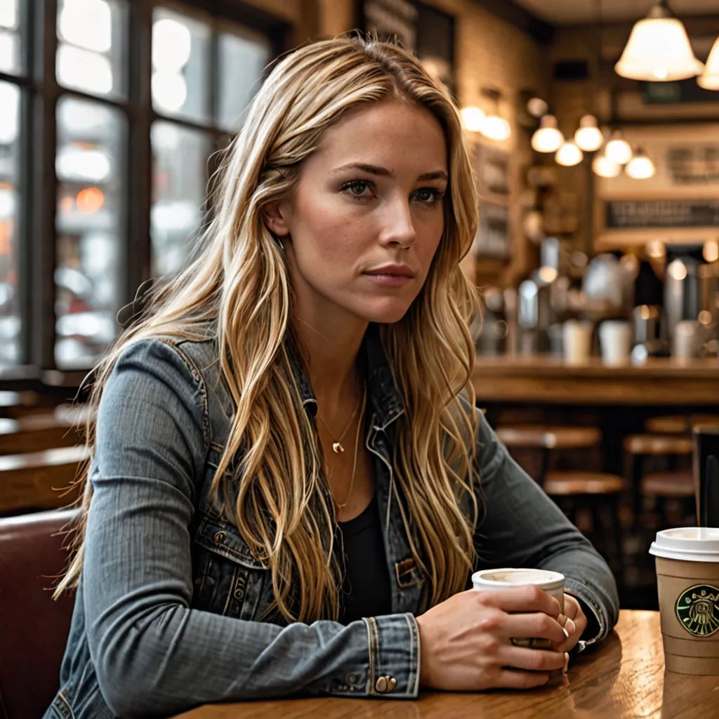 a woman sitting at a table with a cup of coffee in front of her and a laptop on the table, american realism, a character portrait, Anna Katharina Block, promotional image