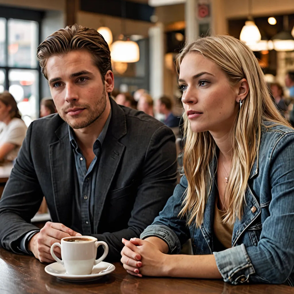 a man and a woman sitting at a table with a cup of coffee in front of them and people in the background, arbeitsrat für kunst, a stock photo, Christian Hilfgott Brand, promotional image