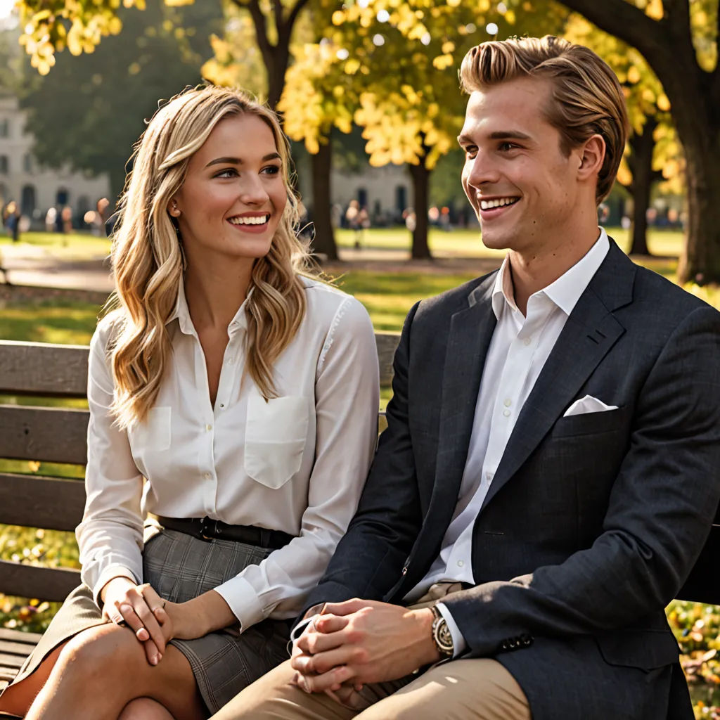 a man and a woman sitting on a bench in a park together smiling at each other and looking at the camera, heidelberg school, a stock photo, Christian Hilfgott Brand, promotional image