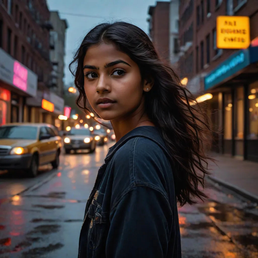 a woman standing on a wet street next to a yellow taxi cab and a building with neon lights on it, a character portrait, Ella Guru, samikshavad, jayison devadas