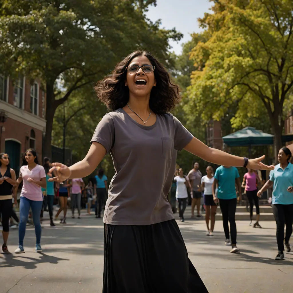 a woman is dancing in the middle of a street with other people in the background and a green umbrella, a stock photo, Ella Guru, harlem renaissance, promotional image