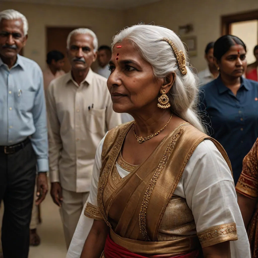 a woman in a sari and a man in a blue shirt and a white shirt and some people, a character portrait, Ella Guru, samikshavad, movie still frame