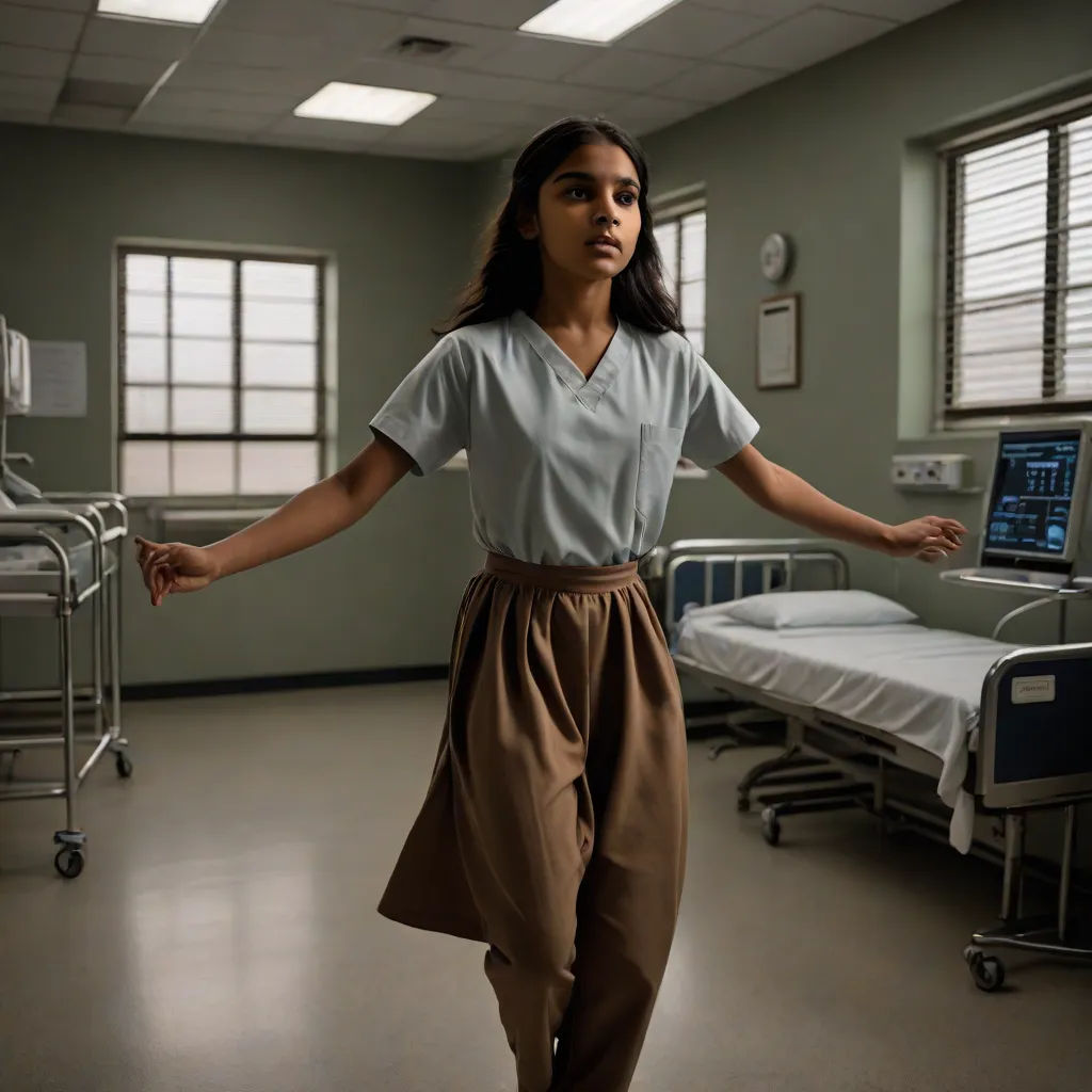 a woman in a hospital room with a laptop computer on her desk and a bed in the background with a monitor on the wall, a poster, Ella Guru, bengal school of art, vfx