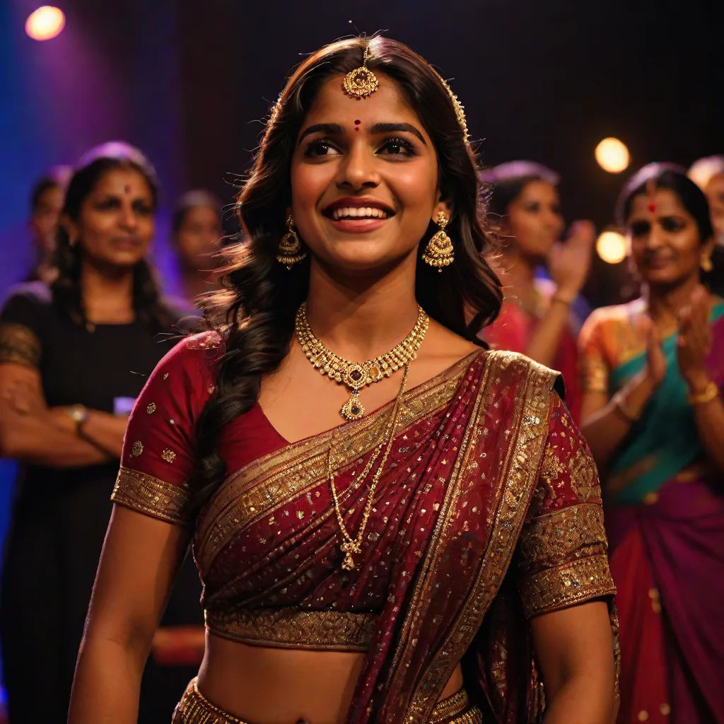 a woman in a sari and jewelry smiling at the camera with other women in the background in a dark room, a poster, Ella Guru, samikshavad, promotional image
