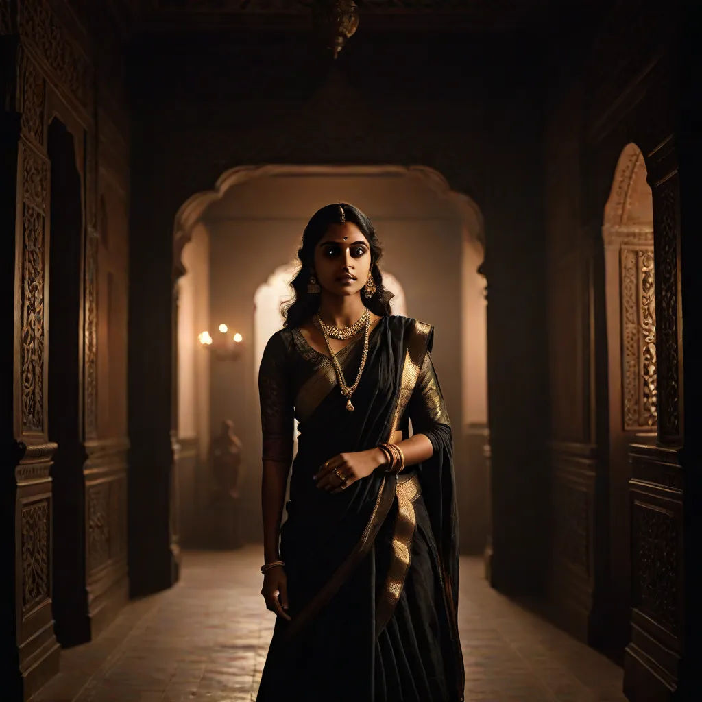 a woman in a black sari standing in a hallway with a light on her face and a black and gold sari on her shoulder, a detailed matte painting, Ella Guru, samikshavad, promotional image