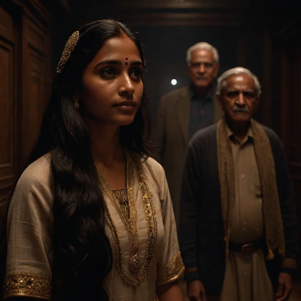 a woman standing in a hallway with two men behind her and a woman standing behind her in a white dress, a poster, Ella Guru, samikshavad, vfx