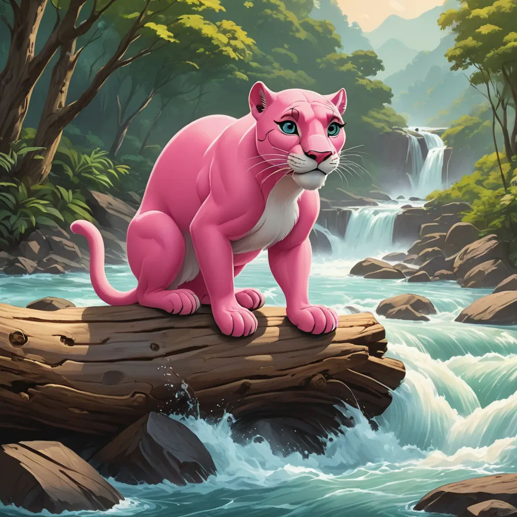 a pink panther sitting on a log in a river with a waterfall in the background illustration by corbi, fantasy art, an airbrush painting, Brom, promotional image
