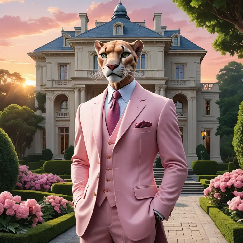 a man in a pink suit and a tiger mask standing in front of a house with pink flowers and bushes, furry art, a character portrait, Carlos Catasse, furaffinity