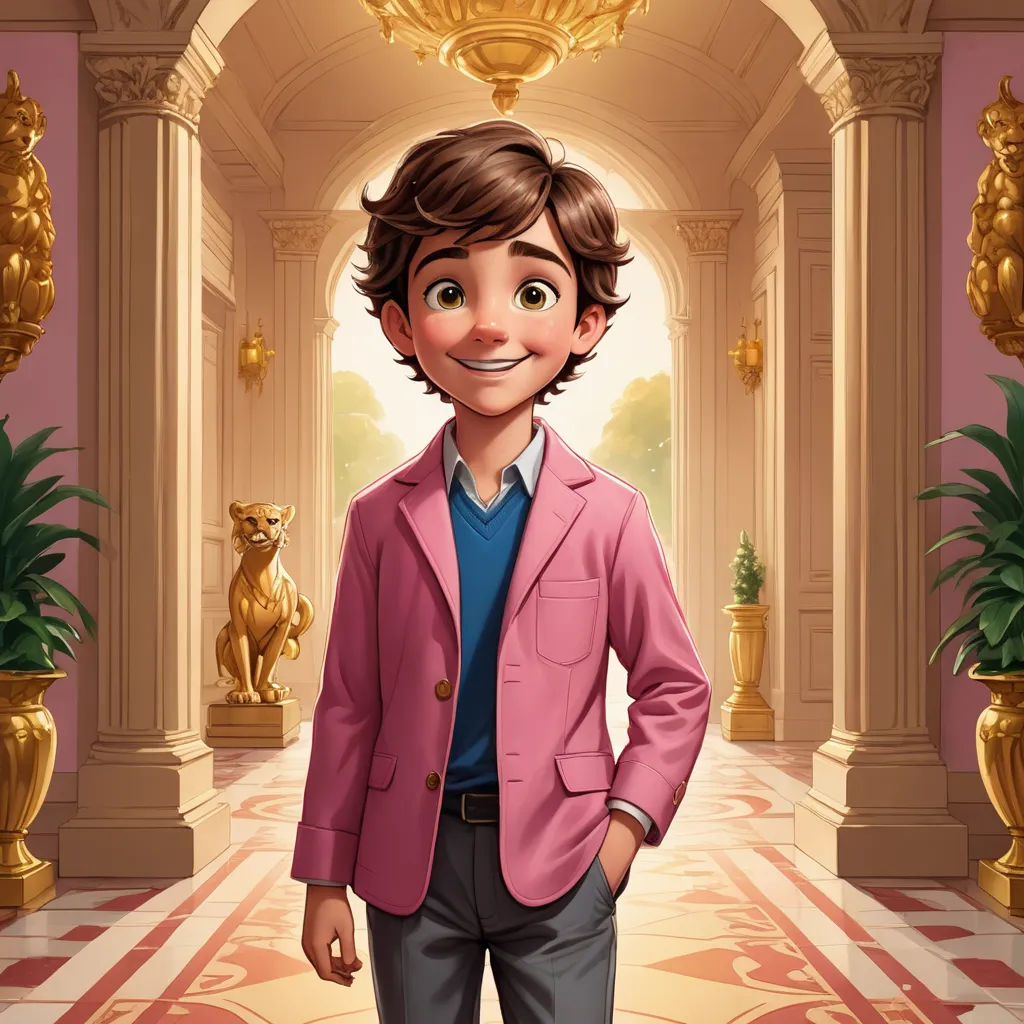 a cartoon boy in a pink jacket standing in a hallway with a gold statue behind him and a pink wall, american barbizon school, a character portrait, Cedric Seaut (Keos Masons), kinkade