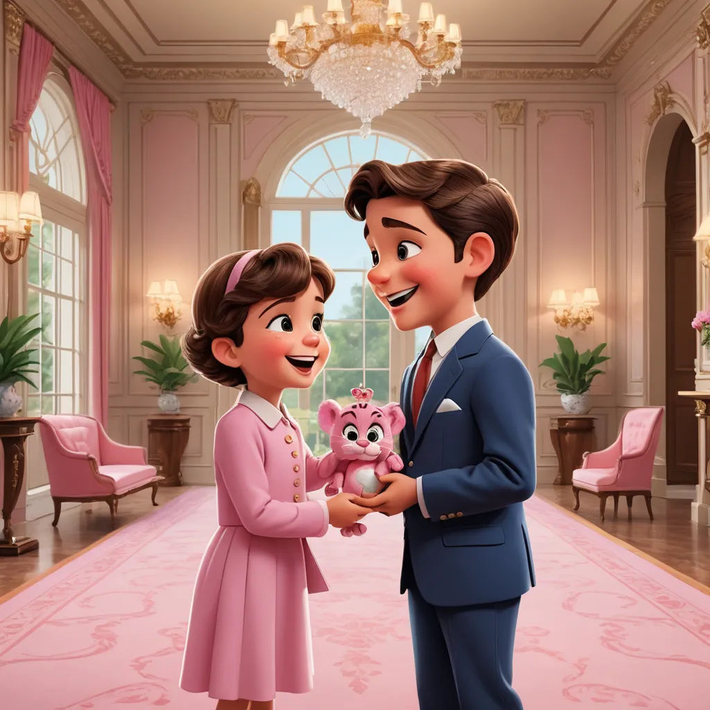 a cartoon of a man and a woman holding a baby doll in a pink room with chandeliers, sots art, a digital rendering, disney, official art