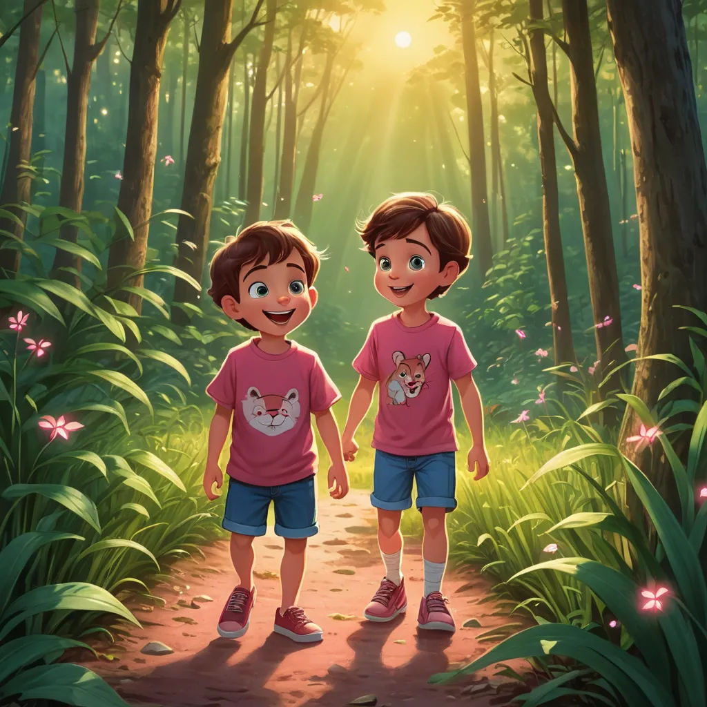 two children walking in the woods with a sun shining through the trees behind them and a forest path with pink flowers, samikshavad, a storybook illustration, Diego Gisbert Llorens, rossdraws global illumination
