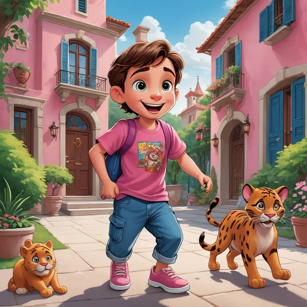 a boy with a backpack and a tiger in front of a house with a cat on the sidewalk and a cat on the ground, lyco art, a storybook illustration, Altoon Sultan, rossdraws global illumination