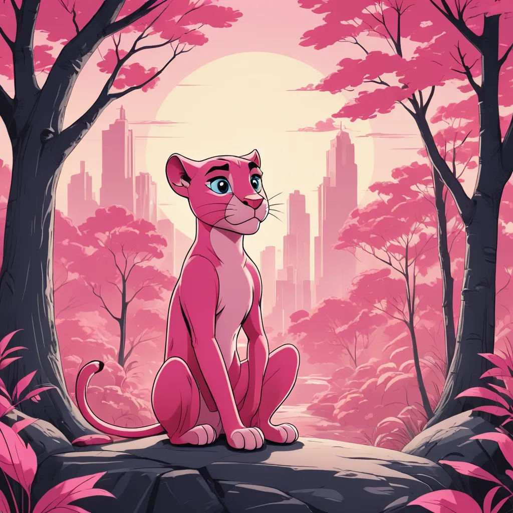 a pink cat sitting on a rock in a forest with a city in the background and trees in the foreground, furry art, a character portrait, Anton Fadeev, rossdraws global illumination