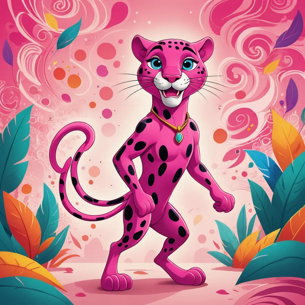 a cartoon pink leopard with a big smile on its face and a pink background with leaves and flowers, with a pink background with swirls and dots, furry art, a character portrait, Carlos Catasse, rossdraws global illumination