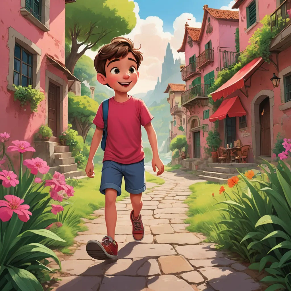 a boy is walking down a path in a cartoon style with flowers and buildings in the background and a pink building, american scene painting, a storybook illustration, Alejandro Burdisio, official art