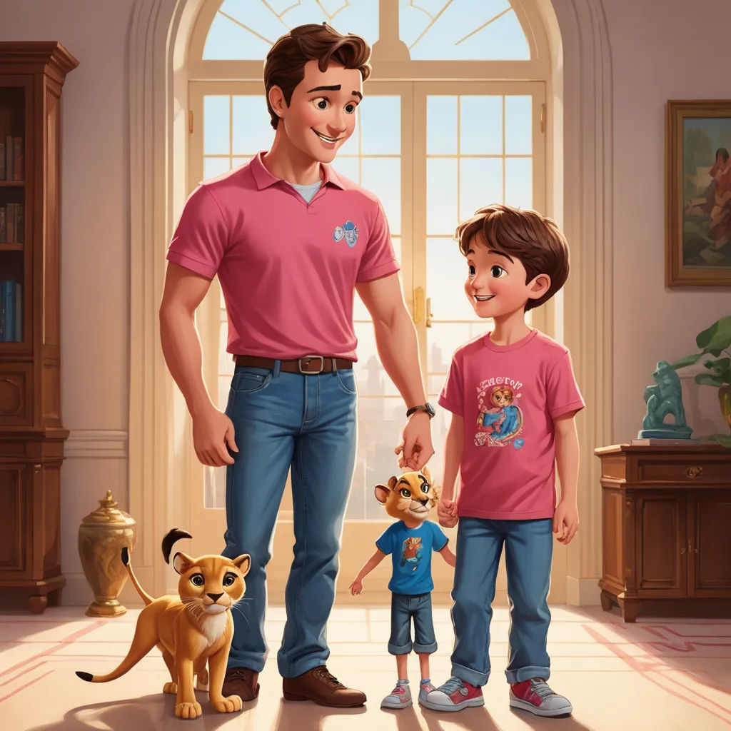 a man and a boy are standing in a room with a dog and a cat on the floor and a cat on the ground, sots art, a storybook illustration, disney, official art