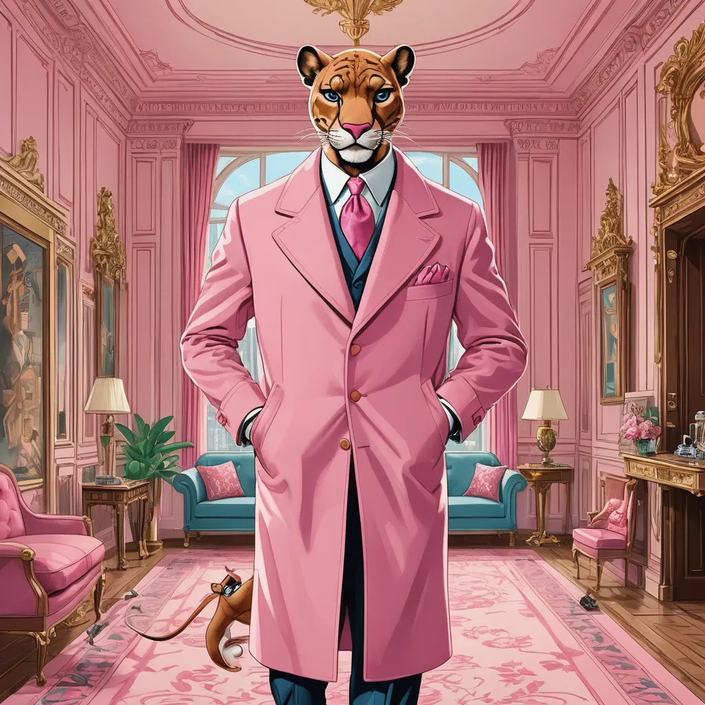 a man in a pink suit and a tiger mask standing in a pink room with a pink carpet and pink walls, furry art, a character portrait, Edwin Georgi, pink