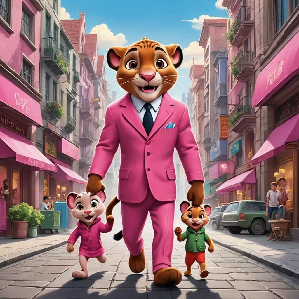 a man in a pink suit and two small children in a pink suit and a pink cat in a green shirt, furry art, a poster, disney, promotional image