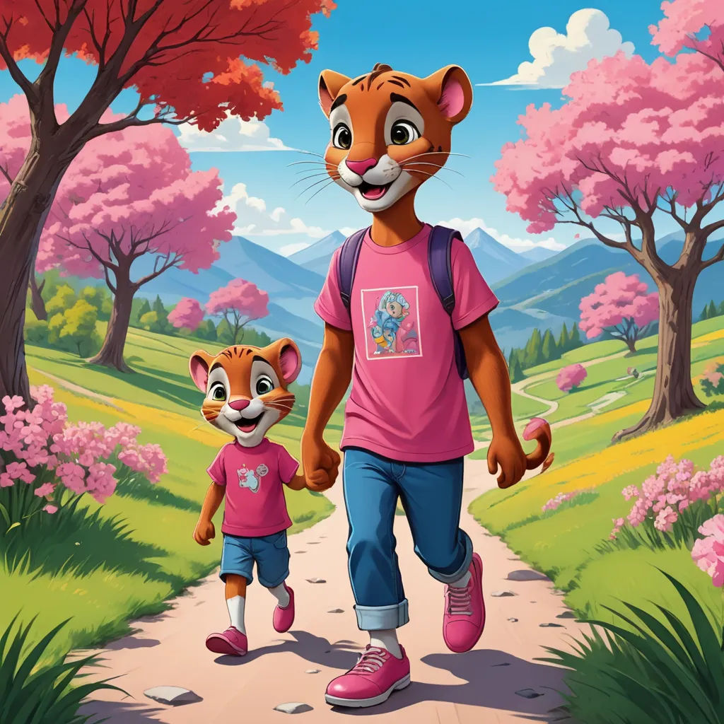 a tiger and a girl walking down a path in a park with trees and flowers on either side of the path, furry art, poster art, Don Bluth, promotional image
