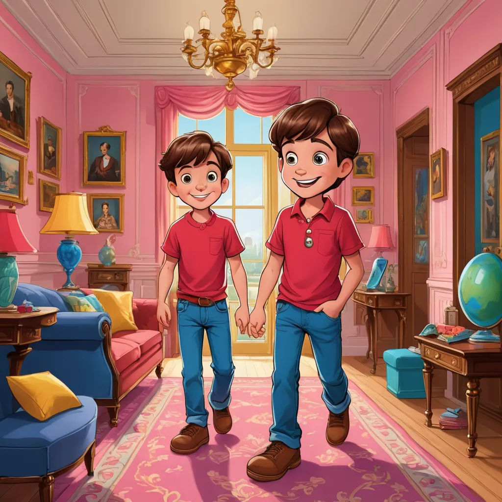 two young men standing in a pink room with a chandelier and a pink couch in the background, lyco art, a storybook illustration, Diego Gisbert Llorens, storybook illustration