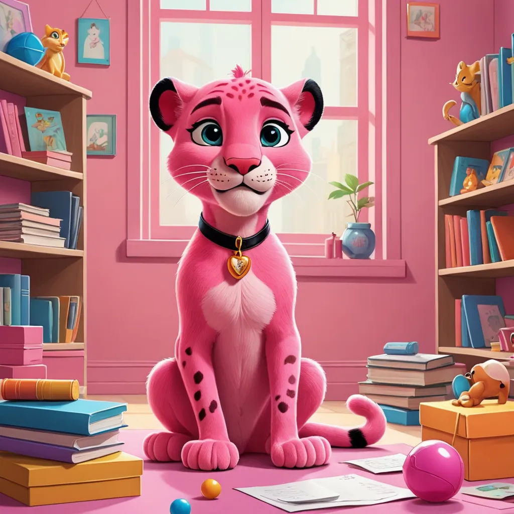 a pink cat sitting on the floor in a room with books and toys on the floor and a window, furry art, a character portrait, Chris LaBrooy, promotional image