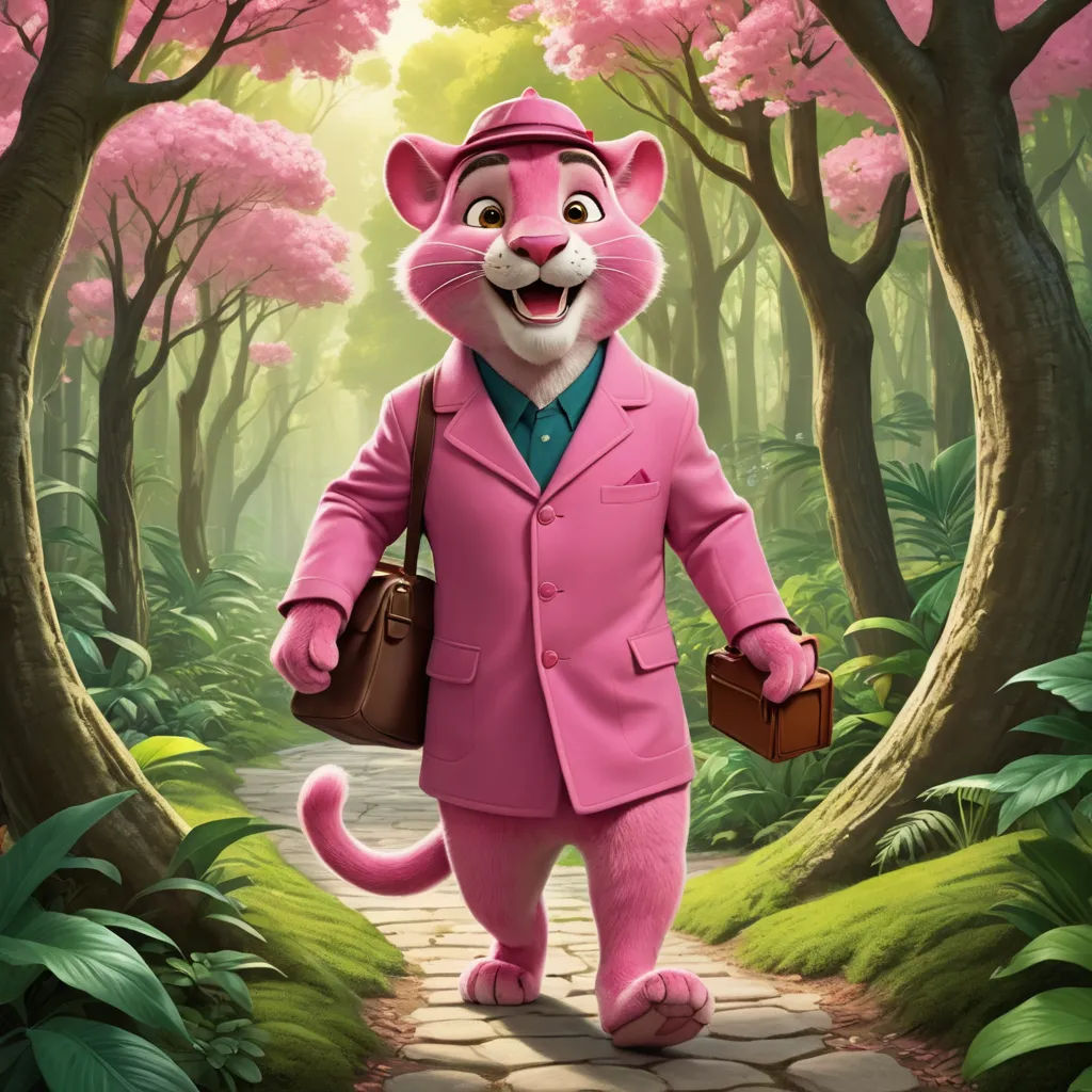 a pink cat in a pink suit and hat walking through a forest with a suitcase and a briefcase in his hand, furry art, a character portrait, Carlos Catasse, promotional image
