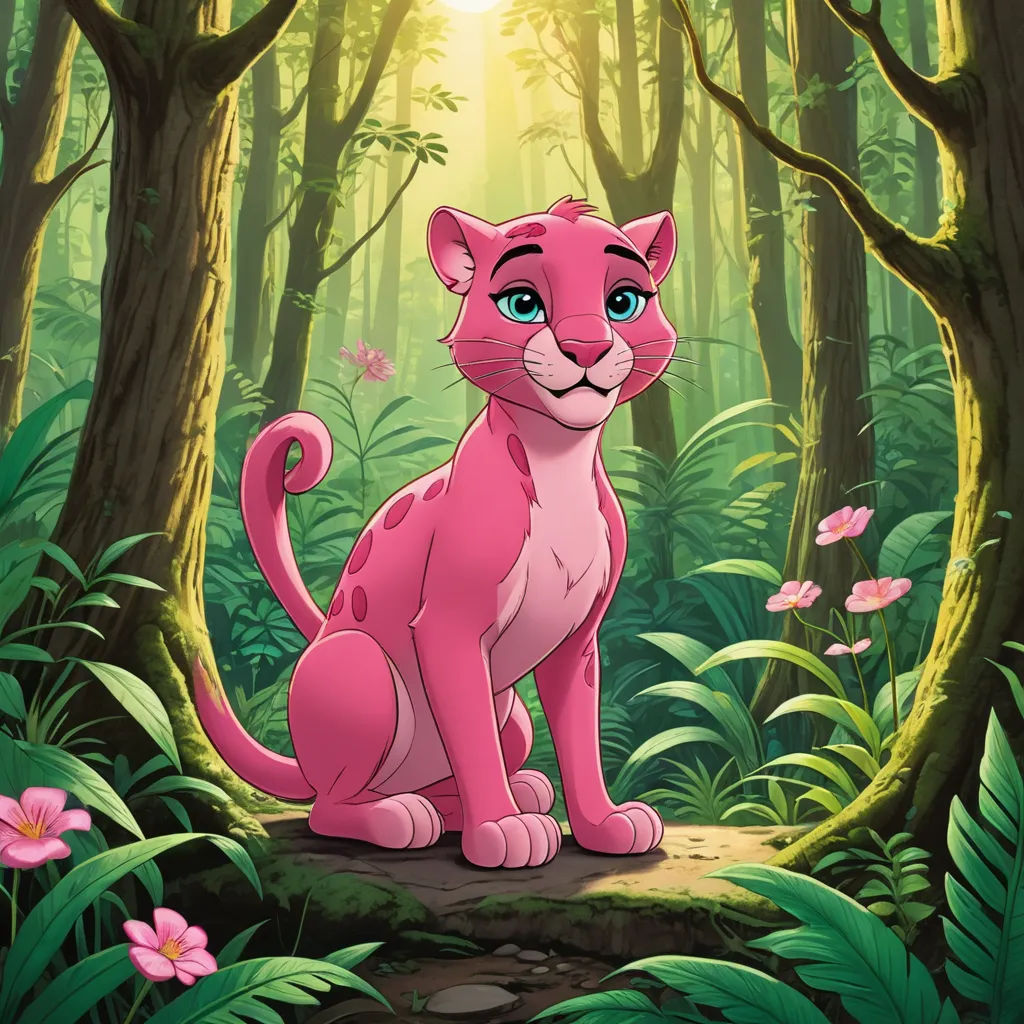 a pink cat sitting in the middle of a forest with flowers and butterflies around it, with a bright light shining on the background, furry art, a character portrait, Carlos Catasse, promotional image