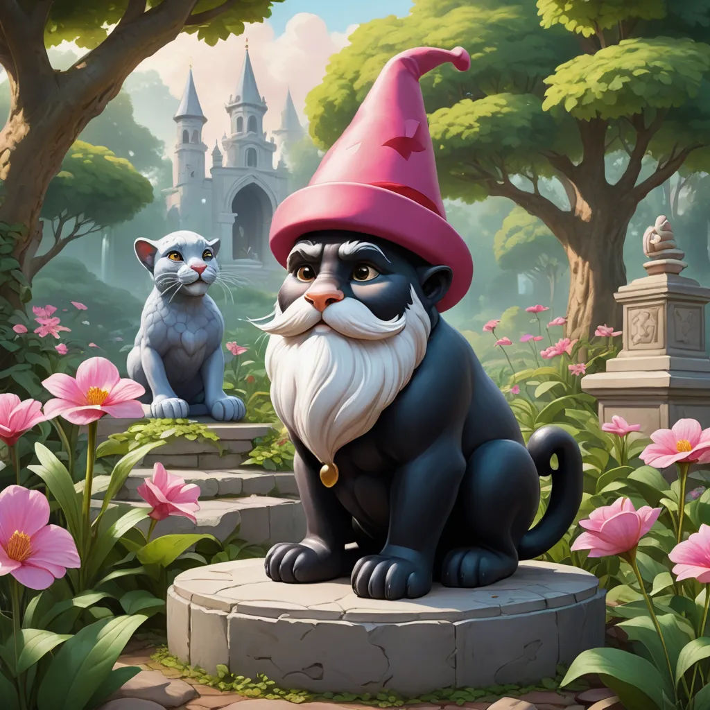 a cartoon cat and a cat in a garden with flowers and trees and a castle in the background with a cat sitting on a pedestal, sots art, a character portrait, Art of Brom, official art