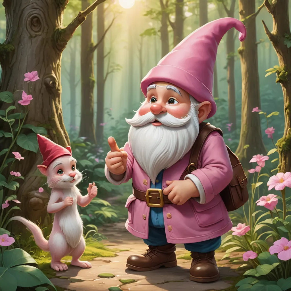 a cartoon gnome and a little mouse in a forest with flowers and trees, one of which is pointing at the other, fantasy art, a storybook illustration, Alejandro Burdisio, official art