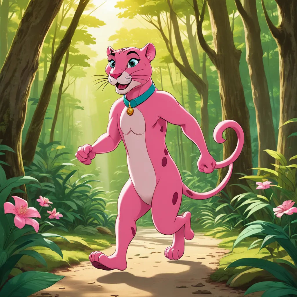 a pink panther running through a forest with flowers on the ground and trees in the background, with a blue collared shirt on, furry art, concept art, Carlos Catasse, official art
